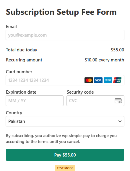 Bugün toplam 0,00 $ ödenmesi gereken, aylık 0,00 $ tekrarlayan tutar ve 0,00 $ Öde düğmesi gösteren bir WP Simple Pay abonelik formu Bugün toplam 55,00 $ ödenmesi gereken, aylık 10,00 $ tekrarlayan tutar ve 55,00 $ Öde düğmesi gösteren bir WP Simple Pay abonelik formu