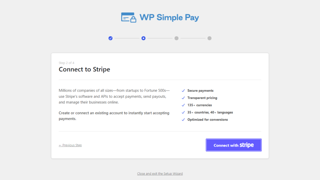 WP Simple Pay kurulum sihirbazının Stripe ile Bağlan adımı, Stripe ile Bağlan düğmesi WP Simple Pay kurulum sihirbazının Stripe ile Bağlan adımı, Stripe ile Bağlan düğmesi