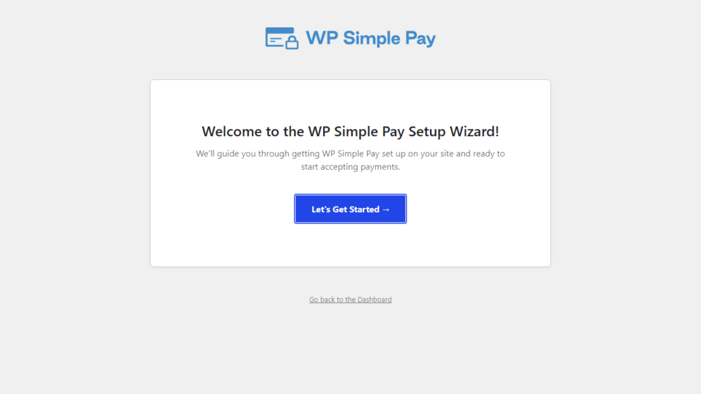 WP Simple Payセットアップウィザードのウェルカム画面で、「開始する」ボタンが表示されている様子