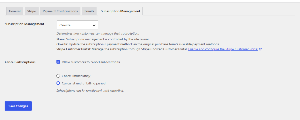 Setările de gestionare a abonamentelor WP Simple Pay cu On-site selectat și Cancel at end of billing period ales Setările de gestionare a abonamentelor WP Simple Pay cu On-site selectat și Cancel at end of billing period ales
