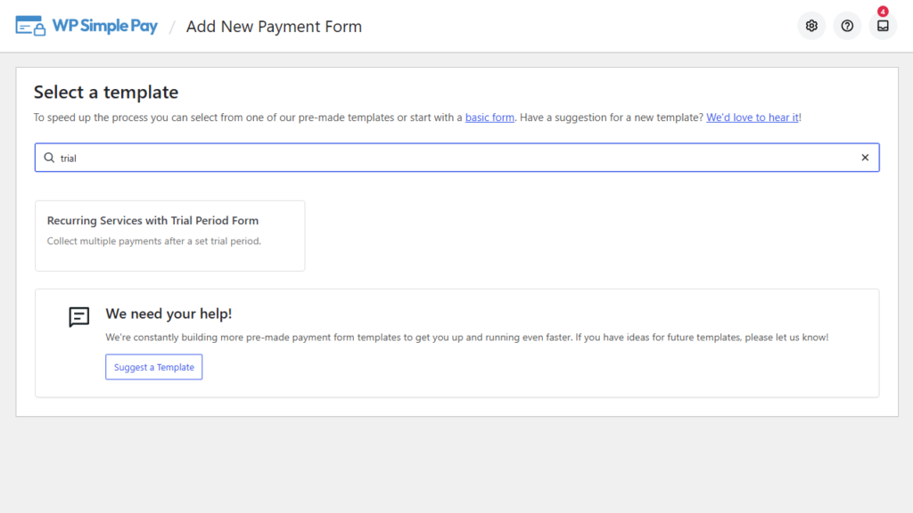 トライアルでフィルタリングされた WP Simple Pay テンプレートライブラリ。リカーリングサービス（トライアル期間あり）フォームテンプレートが表示されています。