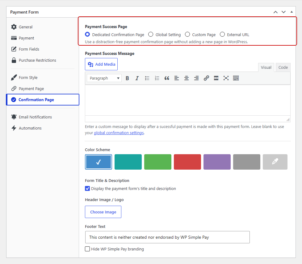 WP Simple Pay フォームの確認ページタブ。4 つの支払い成功ページオプションが表示されています。
