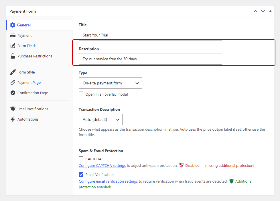 WP Simple Pay トライアルフォームの一般設定タブ。説明フィールドがハイライトされています。